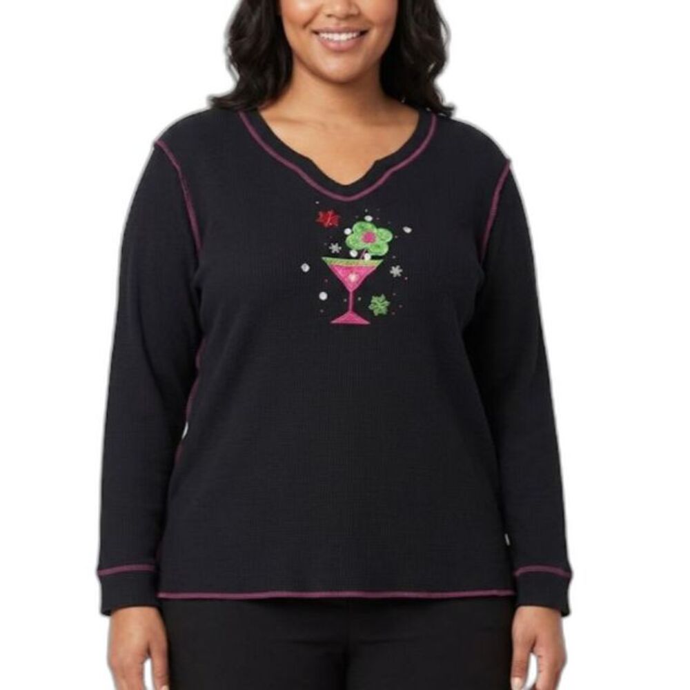 Quacker Factory Black Embellished Holiday Cocktail V-Neck LS T-Shirt Size 1X